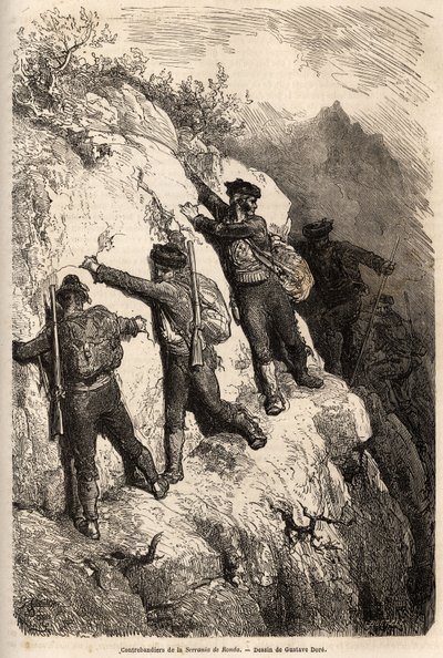 Smuglere fra Serrania de Ronda. Tegning af Gustave Dore (1832-1883), til illustration af hans rejse til Spanien i 1862, med Ch. Davillier. Indgravering i "" Le tour du monde"", redigeret af Edouard Charton af Gustave Dore
