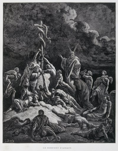 Så Moses lavede en bronzeslange og satte den op på en pæl. 4 Mosebog 21,7, Illustration fra Dore-bibelen af Gustave Dore