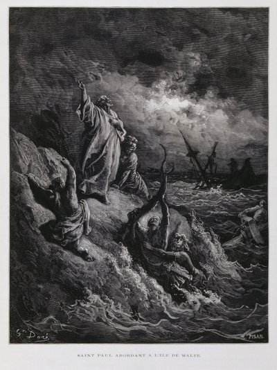 Paulus går i land på Malta, illustration fra Dore-bibelen af Gustave Dore