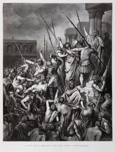 Paulus angrebet af jøderne i Jerusalem, illustration fra Dore-bibelen af Gustave Dore