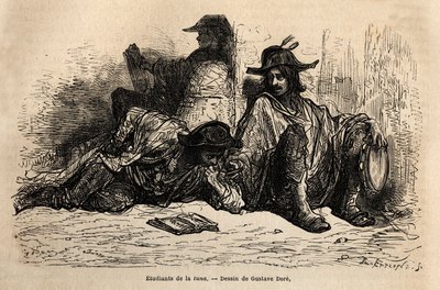 Studerende af tun (eller tunantes) i distriktet ved universitetet i Alcala de Henares, det særlige ved disse studerende, der har vedtaget ledigt, frit og omvandrende liv er ikke at studere, skitsere på live af Gustave Dore. Indgravering til illustration af af Gustave Dore
