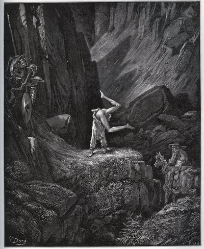 The Acrobatic Penitence of Don Quixote in Sierra Morena - fra "" Don Quixote de la Mancha"" af Miguel Cervantes (1547-1616) (Don Quixote) - Træsnit efter tegning af Gustave Dore af Gustave Dore