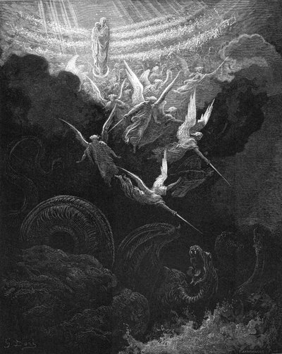 Ærkeenglen Michael og hans engle kæmper mod dragen, 1865-1866 af Gustave Dore