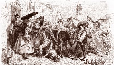 Den voldsramte Quijote kommer hjem Gravering af Gustave Dore (1832-1883) til "L