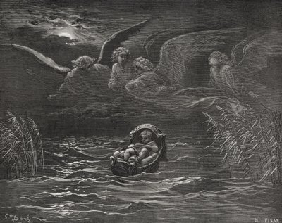 The Child Moses on the Nile, 2. Mosebog 2:1-4, illustration fra Dores 