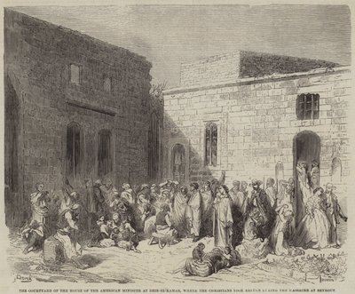 Gården til den amerikanske ministers hus i Deir-el-Kamar, hvor de kristne tog ? af Gustave Dore