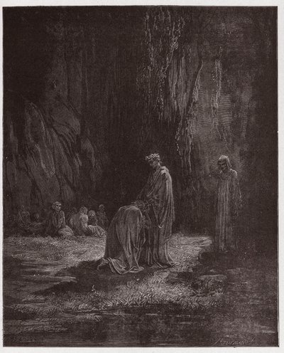 Den guddommelige komedie (La Divina Comedia, La Divine Comedie), Purgatorio, Canto 7: Digteren Sordello, forbløffet, knæler foran Vergil - af Dante Alighieri (1265-1321) - Illustration af Gustave Dore (1832-1883) af Gustave Dore