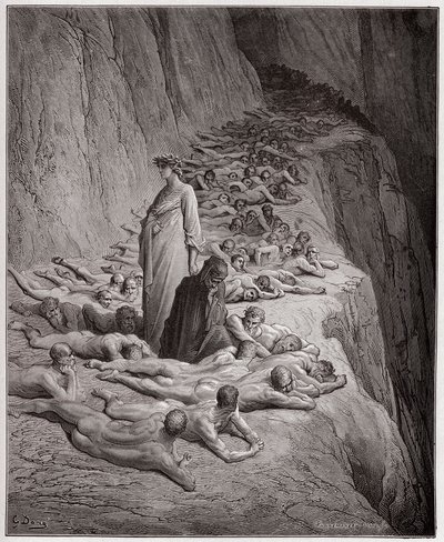 Den guddommelige komedie (La Divina Comedy, La Divine Comedie), Purgatorio, Canto 19: De grådiges sjæle: Adrian V taler til Dante - af Dante Alighieri (1265-1321) - Illustration af Gustave Dore (1832-1883) af Gustave Dore