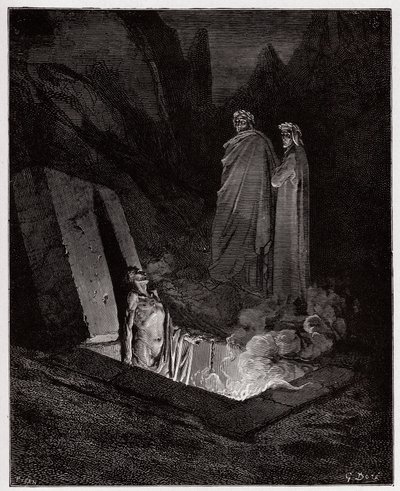 Den guddommelige komedie (La Divina Commedia, La Divine Comedie), Inferno, Canto 10: Farinata degli Uberti henvender sig til Dante - af Dante Alighieri (1265-1321) - Illustration af Gustave Dore (1832-1883) af Gustave Dore