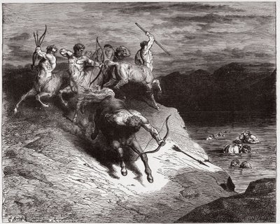 Den guddommelige komedie (La Divina Commedia, La Divine Comedie), Inferno, Canto 12: Kentaurerne angriber sjælene i kogende blod - af Dante Alighieri (1265-1321) - Illustration af Gustave Dore (1832-1883) af Gustave Dore