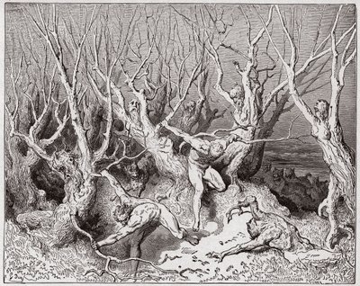 Den guddommelige komedie (La Divina Commedia, La Divine Comedie), Inferno, Canto 13: Selvmordene flygter fra skoven - af Dante Alighieri (1265-1321) - Illustration af Gustave Dore (1832-1883) af Gustave Dore