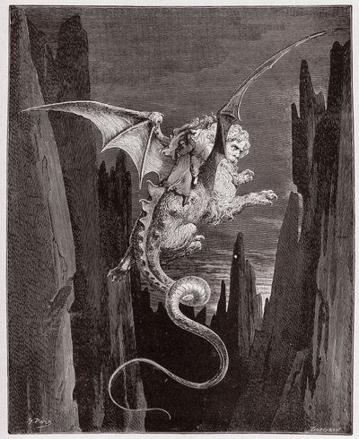 Den guddommelige komedie (La Divina Commedia, La Divine Comedie), Inferno, Canto 17: Nedstigningen til afgrunden på Geryons ryg - af Dante Alighieri (1265-1321) - Illustration af Gustave Dore (1832-1883) af Gustave Dore