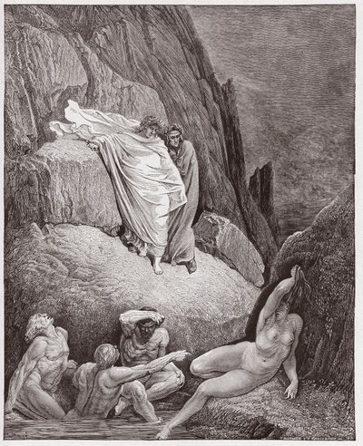 The Divine Comedy (La Divina Commedia, La Divine Comedie), Inferno, Canto 18: Virgil viser Dante shade of Thai - af Dante Alighieri (1265-1321) - Illustration af Gustave Dore (1832-1883) af Gustave Dore