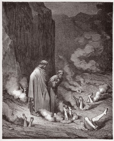 Den guddommelige komedie (La Divina Commedia, La Divine Comedie), Inferno, Canto 19: Dante irettesætter pave Nicholas III i den fjerde bolgia - af Dante Alighieri (1265-1321) - Illustration af Gustave Dore (1832-1883) af Gustave Dore