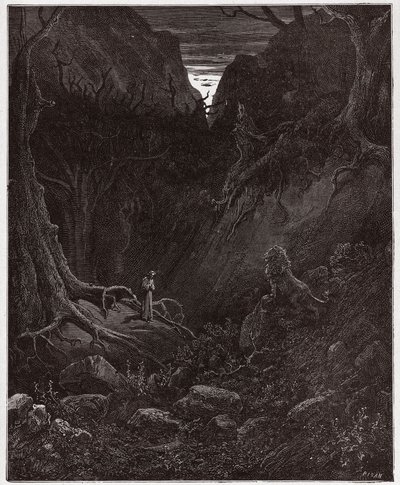 Den guddommelige komedie (La Divina Commedia, La Divine Comedie), Inferno, Canto 1: Løven konfronterer pludselig Dante - af Dante Alighieri (1265-1321) - Illustration af Gustave Dore (1832-1883) af Gustave Dore