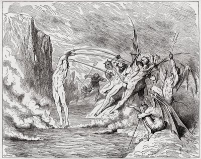 The Divine Comedy (La Divina Commedia, La Divine Comedie), Inferno, Canto 21: Devils torment the barrators - af Dante Alighieri (1265-1321) - Illustration af Gustave Dore (1832-1883) af Gustave Dore