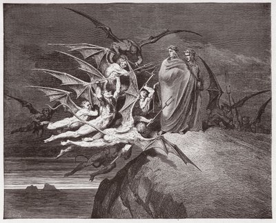 Den guddommelige komedie (La Divina Commedia, La Divine Comedie), Inferno, Canto 21: Dæmonerne truer Virgil - af Dante Alighieri (1265-1321) - Illustration af Gustave Dore (1832-1883) af Gustave Dore