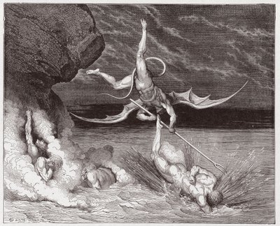 Den guddommelige komedie (La Divina Commedia, La Divine Comedie), Inferno, Canto 22: Ciampolo undslipper dæmonen Alichino i den femte bolgia - af Dante Alighieri (1265-1321) - Illustration af Gustave Dore (1832-1883) af Gustave Dore