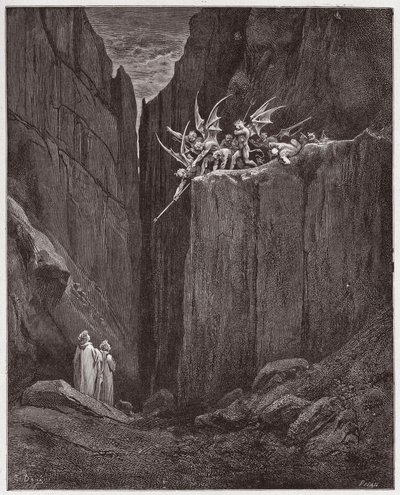 Den guddommelige komedie (La Divina Commedia, La Divine Comedie), Inferno, Canto 23: Digterne undslipper dæmonerne fra den femte bolgia - af Dante Alighieri (1265-1321) - Illustration af Gustave Dore (1832-1883) af Gustave Dore