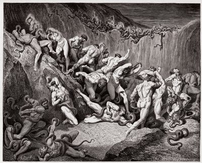 Den guddommelige komedie (La Divina Commedia, La Divine Comedie), Inferno, Canto 24: Tyvene plaget af slanger - af Dante Alighieri (1265-1321) - Illustration af Gustave Dore (1832-1883) af Gustave Dore