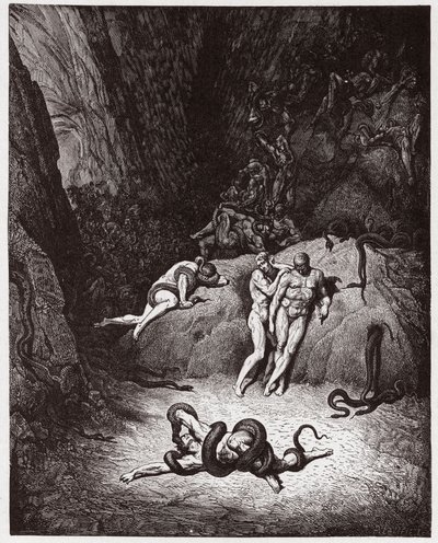 Den guddommelige komedie (La Divina Commedia, La Divine Comedie), Inferno, Canto 25: Agnello forvandler sig til en slange - af Dante Alighieri (1265-1321) - Illustration af Gustave Dore (1832-1883) af Gustave Dore