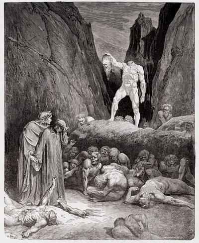 Den guddommelige komedie (La Divina Commedia, La Divine Comedie), Inferno, Canto 28: Bertrand de Borns afhuggede hoved taler til Dante - af Dante Alighieri (1265-1321) - Illustration af Gustave Dore (1832-1883) af Gustave Dore