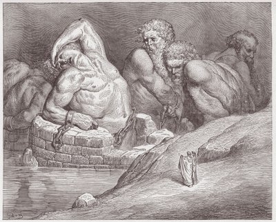 The Divine Comedy (La Divina Commedia, La Divine Comedie), Inferno, Canto 31: Ephialtes in manacles among the giants - af Dante Alighieri (1265-1321) - Illustration af Gustave Dore (1832-1883) af Gustave Dore