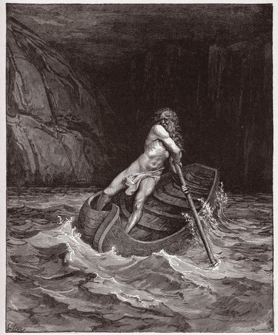 Den guddommelige komedie (La Divina Commedia, La Divine Comedie), Inferno, Canto 3: Charon (Caron) ved floden Acheron - af Dante Alighieri (1265-1321) - Illustration af Gustave Dore (1832-1883) af Gustave Dore