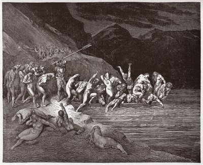 Den guddommelige komedie (La Divina Commedia, La Divine Comedie), Inferno, Canto 3: De dødsdømte sjæle, der går i gang med at krydse Acheron - af Dante Alighieri (1265-1321) - Illustration af Gustave Dore (1832-1883) af Gustave Dore
