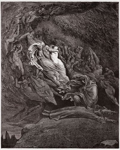 Den guddommelige komedie (La Divina Commedia, La Divine Comedie), Inferno, Canto 5: Francesca beskriver sin død - af Dante Alighieri (1265-1321) - Illustration af Gustave Dore (1832-1883) af Gustave Dore