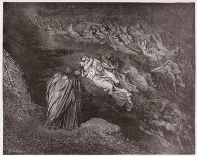 Den guddommelige komedie (La Divina Commedia, La Divine Comedie), Inferno, Canto 5: Francescas sjæl taler til Dante - af Dante Alighieri (1265-1321) - Illustration af Gustave Dore (1832-1883) af Gustave Dore