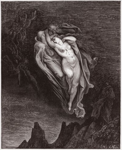 Den guddommelige komedie (La Divina Commedia, La Divine Comedie), Inferno, Canto 5: Paolos og Francescas sjæle - af Dante Alighieri (1265-1321) - Illustration af Gustave Dore (1832-1883) af Gustave Dore