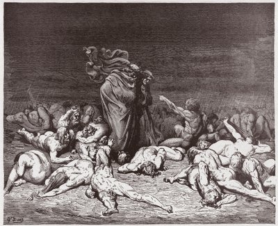 The Divine Comedy (La Divina Commedia, La Divine Comedie), Inferno, Canto 6: Gluttonerne ramt af evig regn - af Dante Alighieri (1265-1321) - Illustration af Gustave Dore (1832-1883) af Gustave Dore