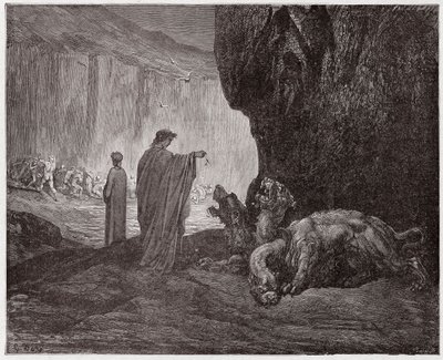 Den guddommelige komedie (La Divina Commedia, La Divine Comedie), Inferno, Canto 6: Virgil fodrer Cerberus i den tredje cirkel - af Dante Alighieri (1265-1321) - Illustration af Gustave Dore (1832-1883) af Gustave Dore