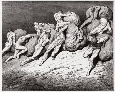 Den guddommelige komedie (La Divina Commedia, La Divine Comedie), Inferno, Canto 7: De griskes og de fortabtes sjæle tvunget til at rulle tunge sten - af Dante Alighieri (1265-1321) - Illustration af Gustave Dore (1832-1883) af Gustave Dore