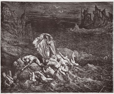 Den guddommelige komedie (La Divina Commedia, La Divine Comedie), Inferno, Canto 7: Virgil viser Dante de vredes sjæle i Styxen - af Dante Alighieri (1265-1321) - Illustration af Gustave Dore (1832-1883) af Gustave Dore
