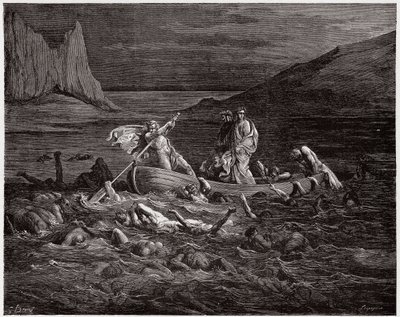 Den guddommelige komedie (La Divina Commedia, La Divine Comedie), Inferno, Canto 8: Phlegyas færger Dante og Virgil over Styx - af Dante Alighieri (1265-1321) - Illustration af Gustave Dore (1832-1883) af Gustave Dore