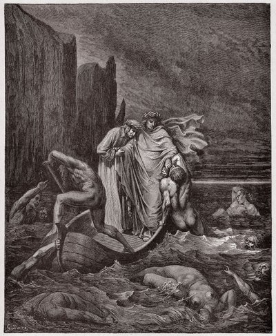 Den guddommelige komedie (La Divina Commedia, La Divine Comedie), Inferno, Canto 8: Florentineren Philippo Argentis sjæl tiltaler digterne på Styx - af Dante Alighieri (1265-1321) - Illustration af Gustave Dore (1832-1883) af Gustave Dore