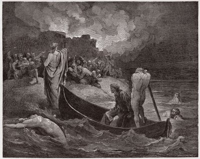 Den guddommelige komedie (La Divina Commedia, La Divine Comedie), Inferno, Canto 8: Virgil og Dante går i land ved citadellet i Dis - af Dante Alighieri (1265-1321) - Illustration af Gustave Dore (1832-1883) af Gustave Dore