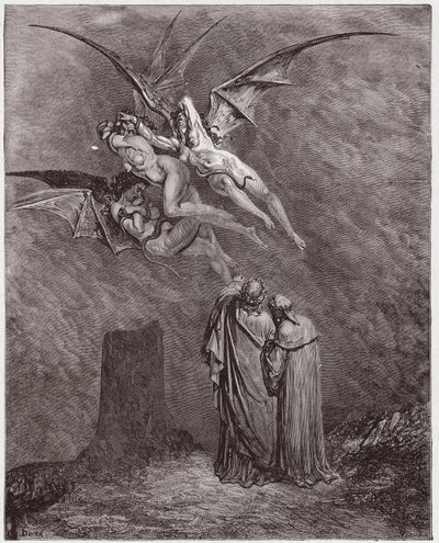 The Divine Comedy (La Divina Commedia, La Divine Comedie), Inferno, Canto 9: The heseous Erinyes: Megaera, Tisphone, Alecto - af Dante Alighieri (1265-1321) - Illustration af Gustave Dore (1832-1883) af Gustave Dore