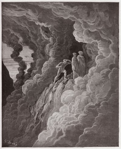Den guddommelige komedie (La Divina Commedia, La Divine Comedie), Purgatorio, Canto 16: Marco Lombardo følger digterne gennem røgen - af Dante Alighieri (1265-1321) - Illustration af Gustave Dore (1832-1883) af Gustave Dore