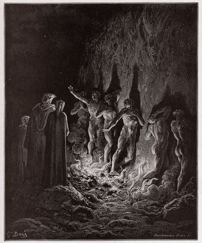 Den guddommelige komedie (La Divina Commedia, La Divine Comedie), Purgatorio, Canto 25: Den lystfulde passerer gennem ild i den syvende cirkel - af Dante Alighieri (1265-1321) - Illustration af Gustave Dore (1832-1883) af Gustave Dore