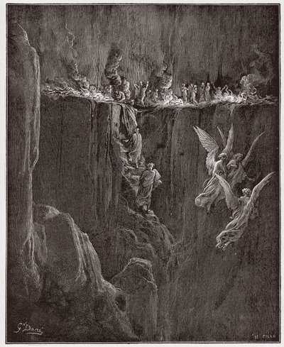 Den guddommelige komedie (La Divina Commedia, La Divine Comedie), Purgatorio, Canto 25: Virgil og Dante stiger op til den syvende cirkel gennem flammer - af Dante Alighieri (1265-1321) - Illustration af Gustave Dore (1832-1883) af Gustave Dore