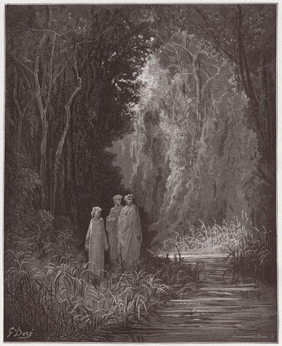 Den guddommelige komedie (La Divina Commedia, La Divine Comedie), Purgatorio, Canto 28: Dante, Virgil og Statius i den ældgamle skov i det terrestriske paradis - af Dante Alighieri (1265-1321) - Illustration af Gustave Dore (1832-1883) ) af Gustave Dore