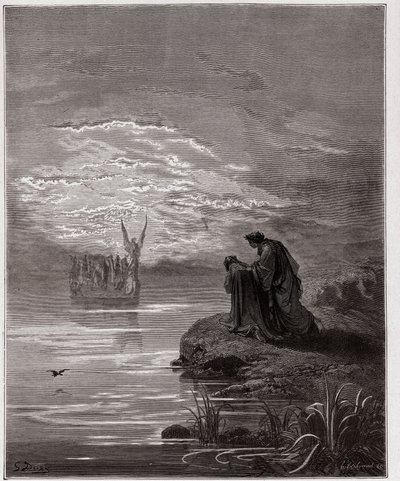 Den guddommelige komedie (La Divina Commedia, La Divine Comedie), Purgatorio, Canto 2: Dante bøjer sig for englepiloten - af Dante Alighieri (1265-1321) - Illustration af Gustave Dore (1832-1883) af Gustave Dore