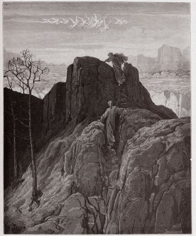 The Divine Comedy (La Divina Commedia, La Divine Comedie), Purgatorio, Canto 4: Virgil fører Dante op ad den barske bjergside - af Dante Alighieri (1265-1321) - Illustration af Gustave Dore (1832-1883) af Gustave Dore