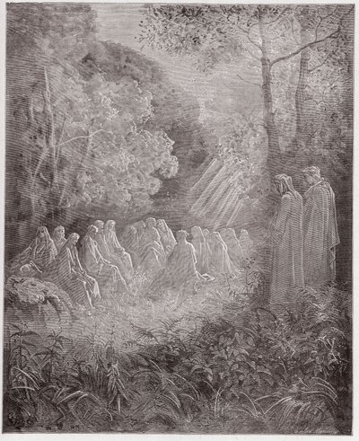 Den guddommelige komedie (La Divina Commedia, La Divine Comedie), Purgatorio, Canto 7: Ånderne synger Salve Regina in the dell - af Dante Alighieri (1265-1321) - Illustration af Gustave Dore (1832-1883) af Gustave Dore