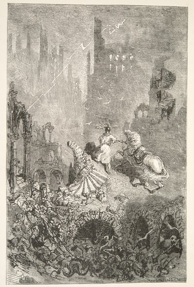 The Downfall of King Pellams Castle, fra Stories of the Days of King Arthur af Charles Henry Hanson, pub.1898 af Gustave Dore