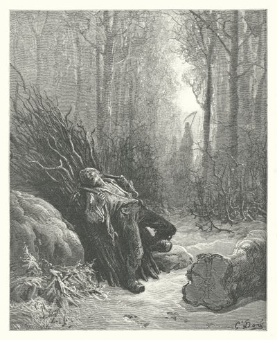 La Fontaines fabler: Døden og skovhuggeren (kobberstik) af Gustave Dore