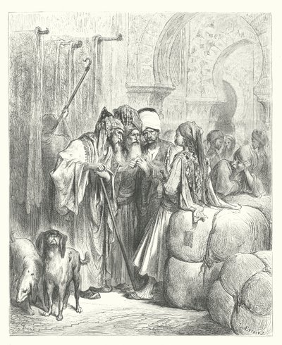 La Fontaines fabler: Bashaw og købmanden (kobberstik) af Gustave Dore